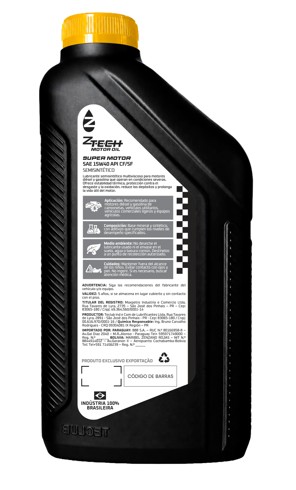 Dorso del envase de ZTECH MOTOR OIL Súper Motor SAE 15W40 Semisintético