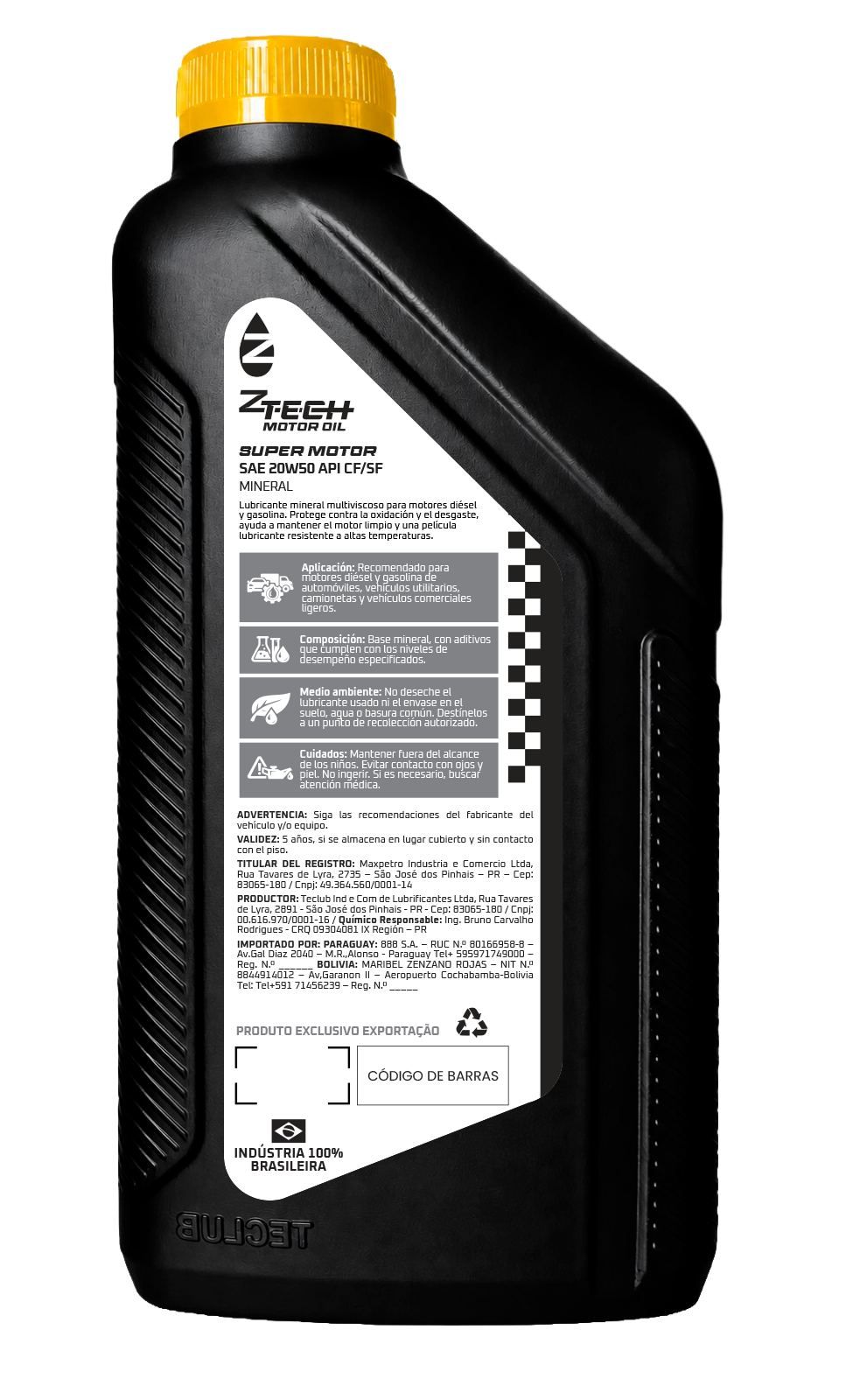Dorso del envase de ZTECH MOTOR OIL Súper Motor SAE 20W50